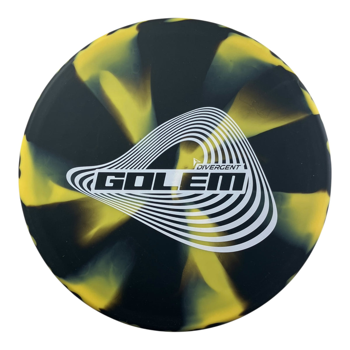 Divergent Golem disc golf disc with black and yellow swirl design