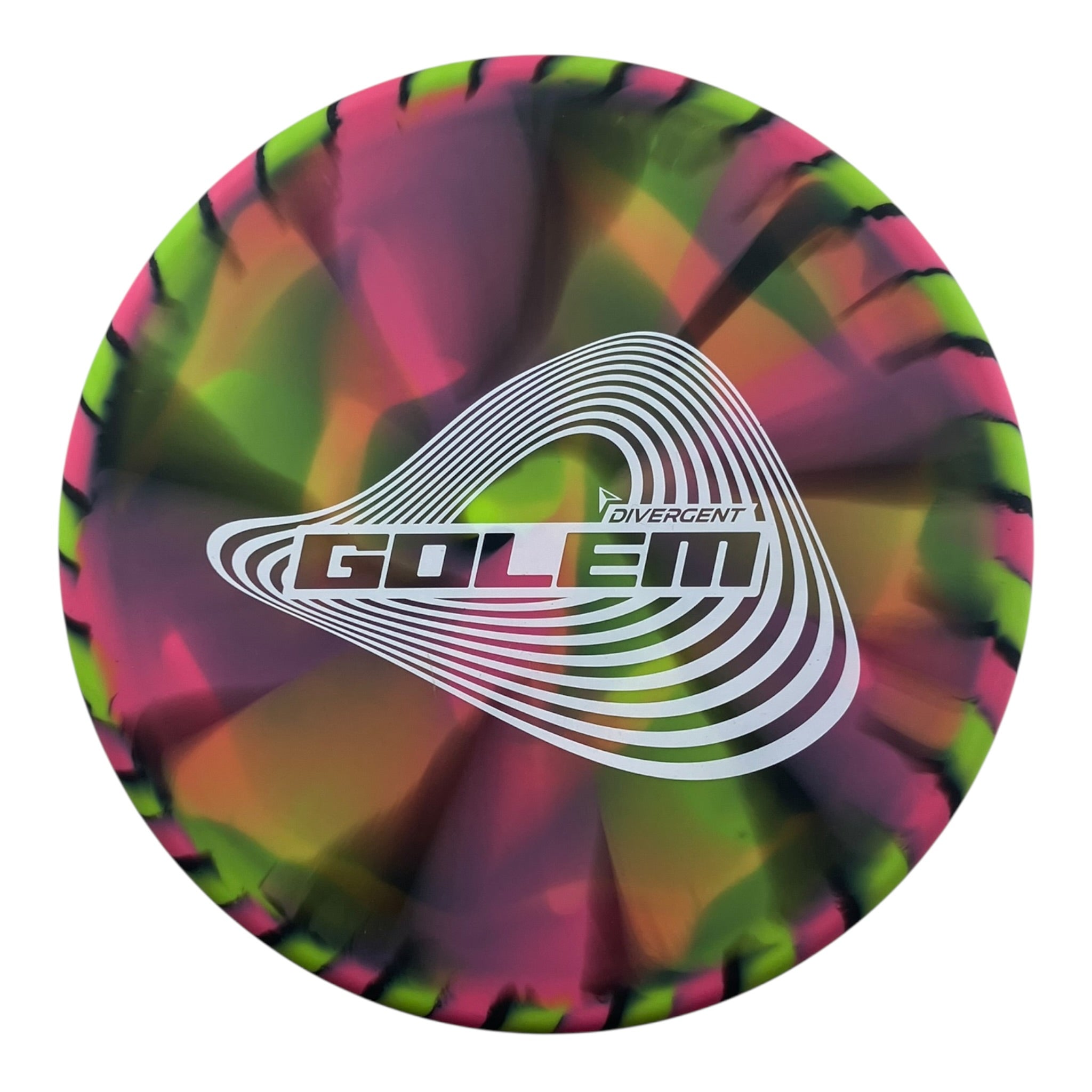 Divergent Golem disc golf disc with vibrant tie-dye design for disc golf enthusiasts