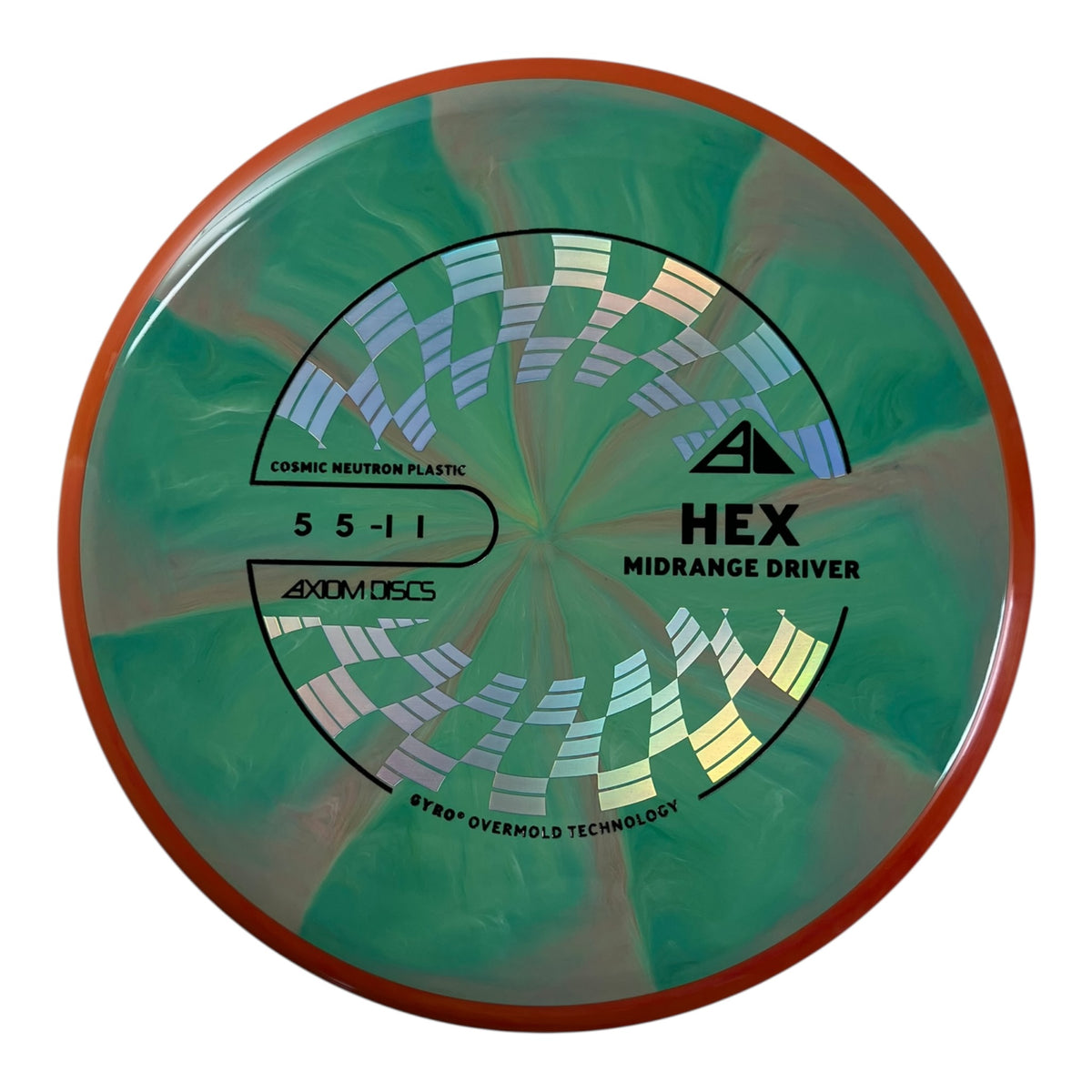 Axiom Discs Hex midrange driver in green and orange Cosmic Neutron plastic.