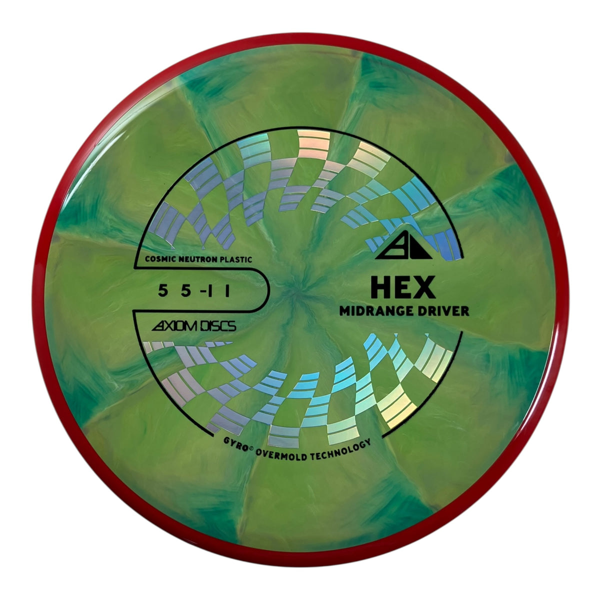 Axiom Discs Hex midrange driver in green and red Cosmic Neutron plastic.