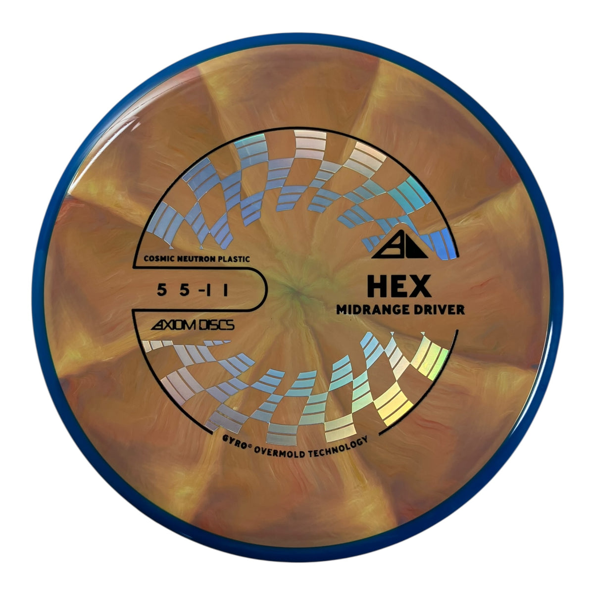 Axiom Discs Hex Midrange Driver in orange and blue Cosmic Neutron plastic.