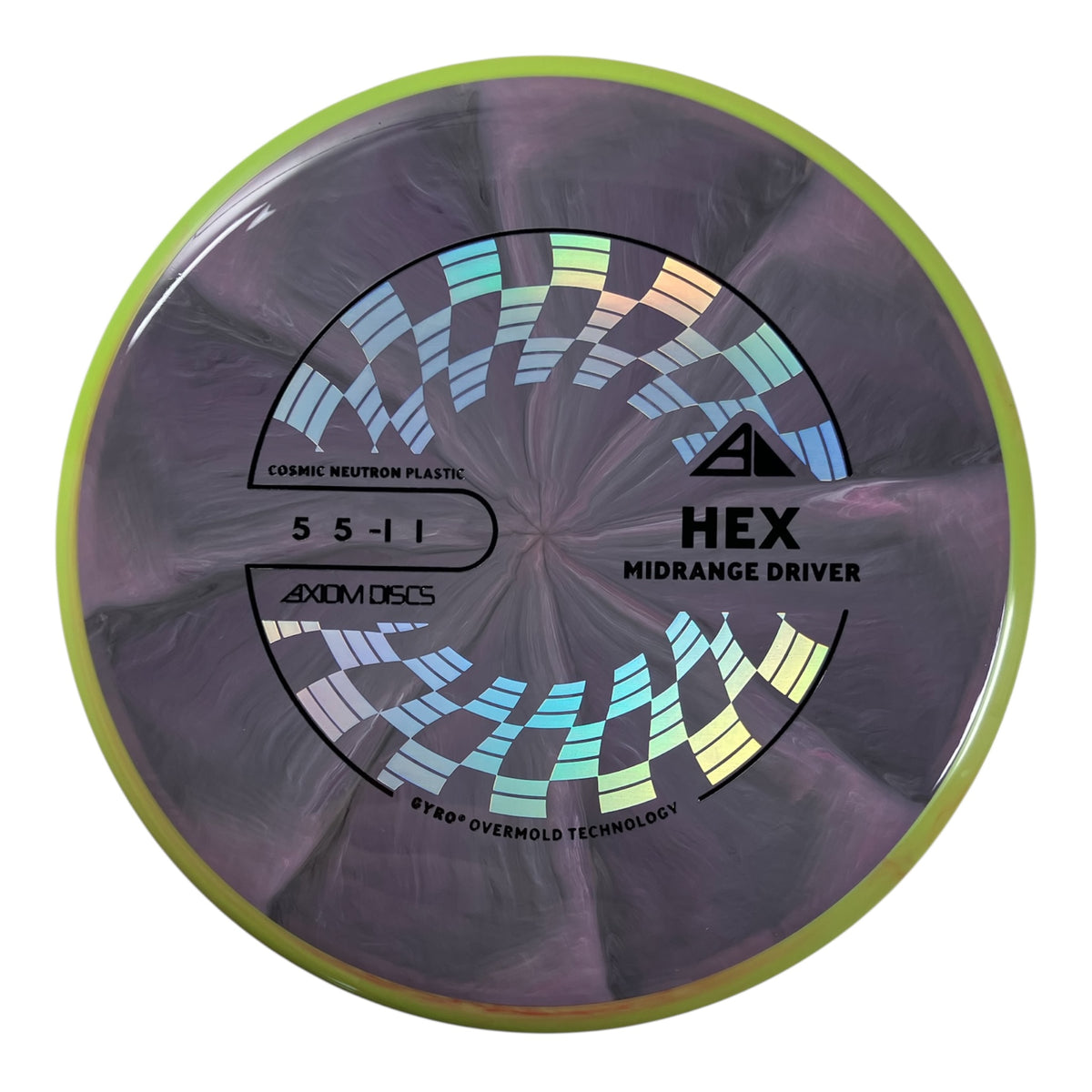 Axiom Discs Hex Midrange Driver in purple and green Cosmic Neutron plastic.