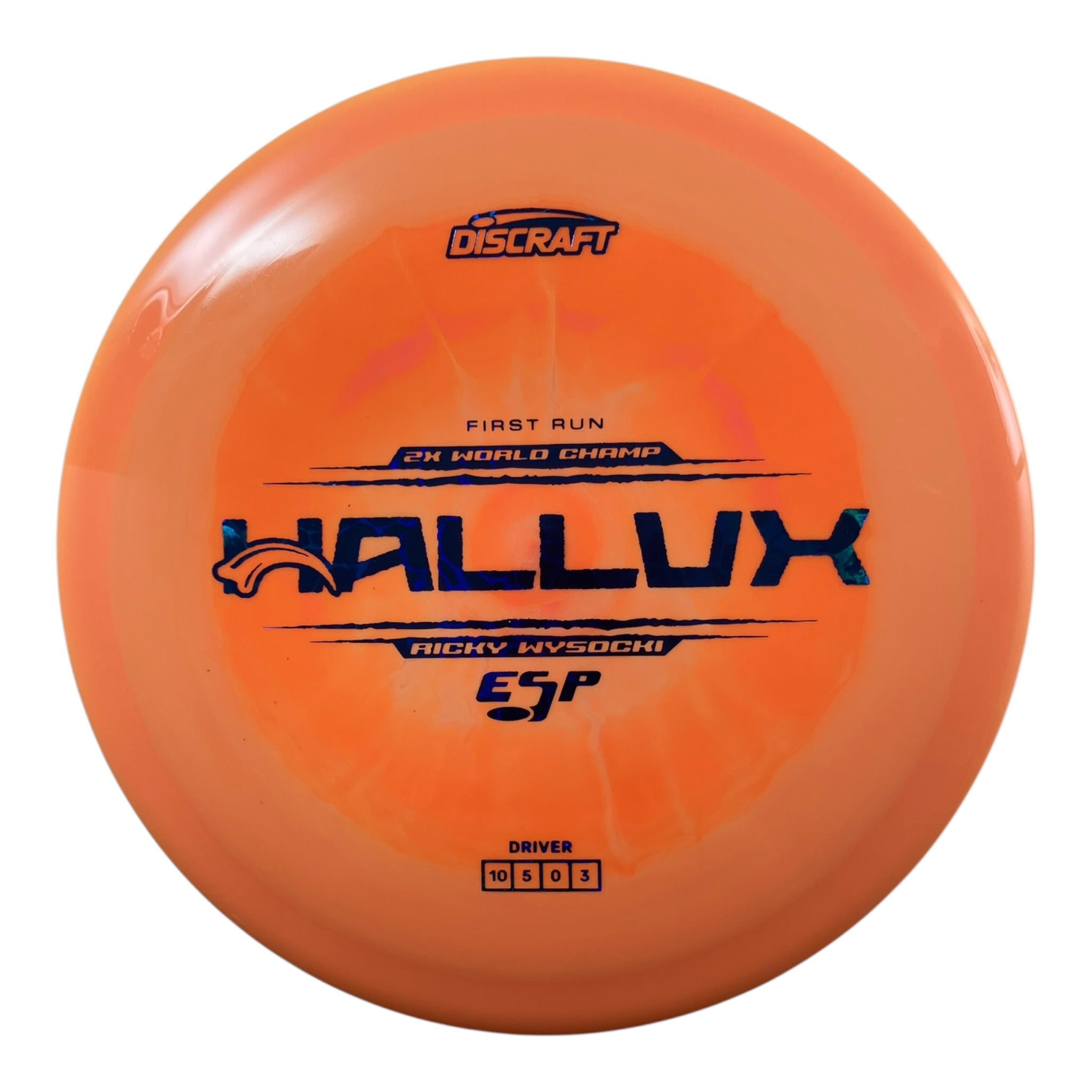 Orange Discraft Hallux ESP driver disc for disc golf, featuring Ricky Wysocki design and 2x World Champ label.