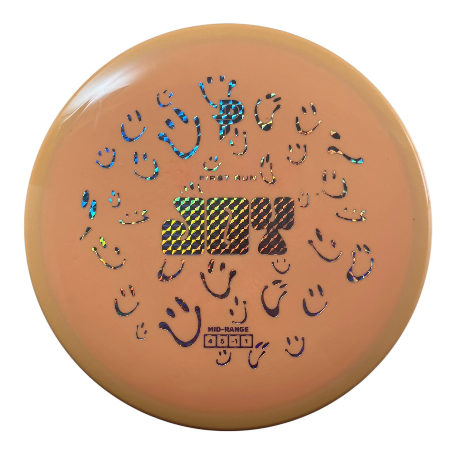 First Run Joy mid-range disc golf disc with holographic smiley faces and vibrant design