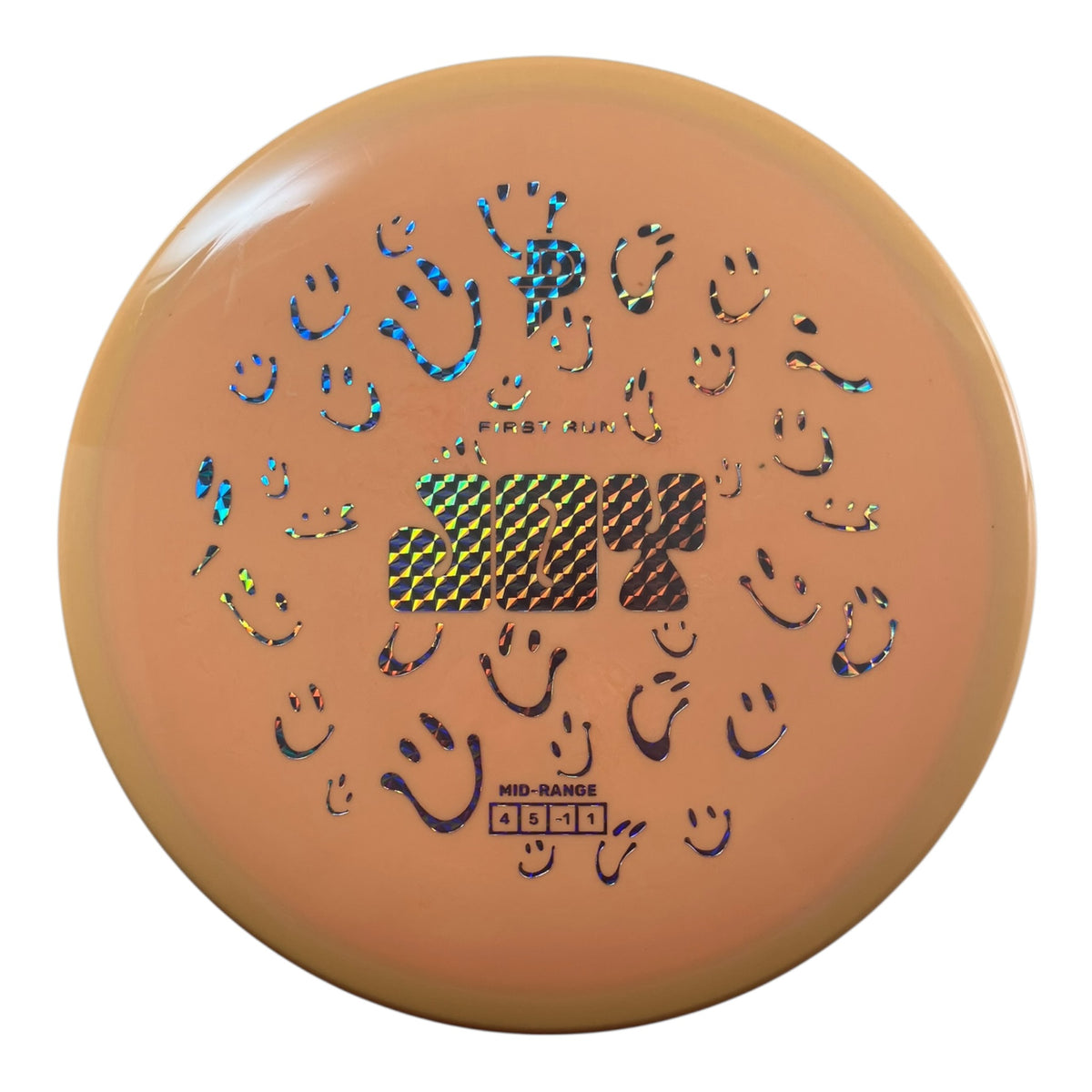 First Run Joy mid-range disc golf disc with holographic smiley faces and vibrant design