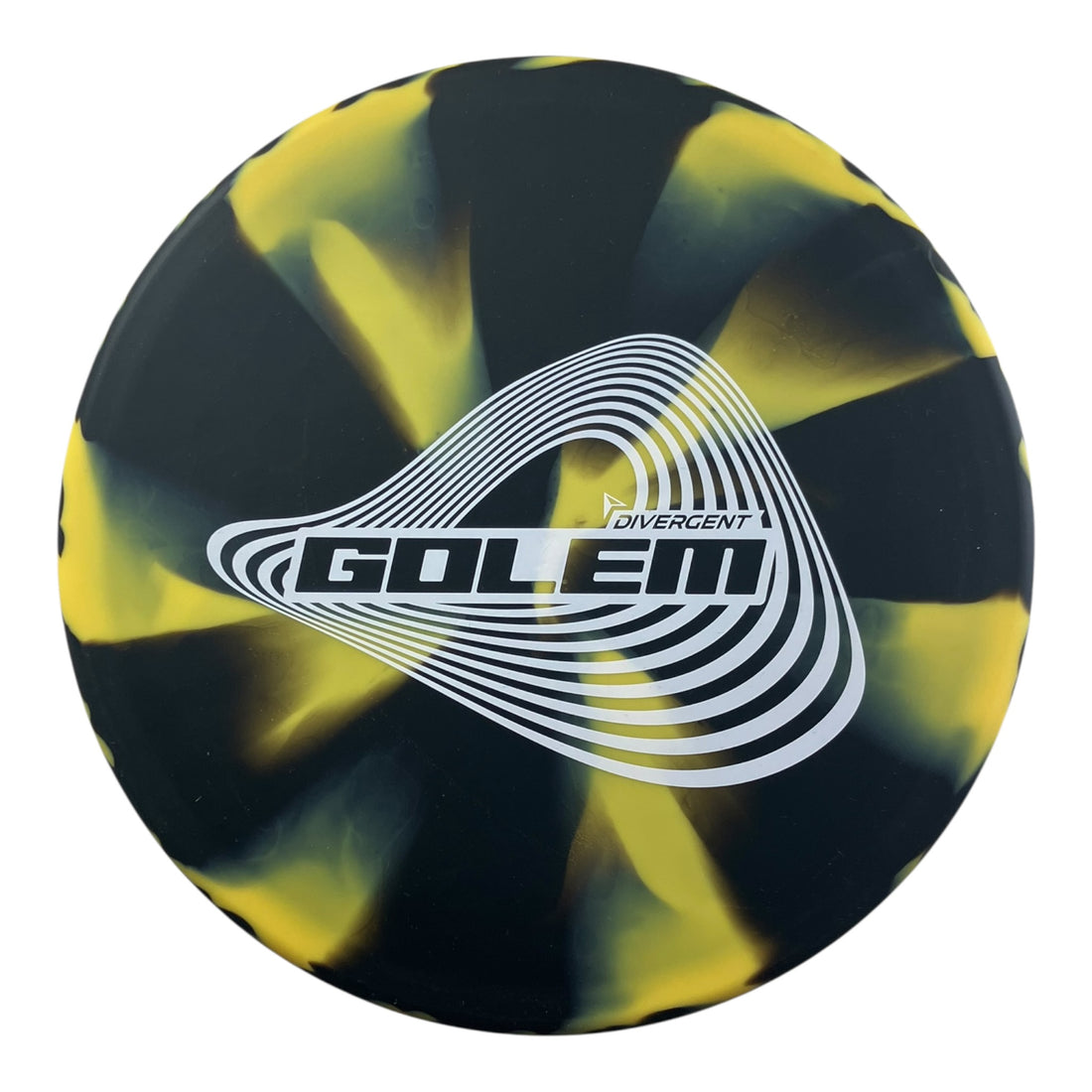 Divergent Golem disc golf disc with black and yellow swirl design