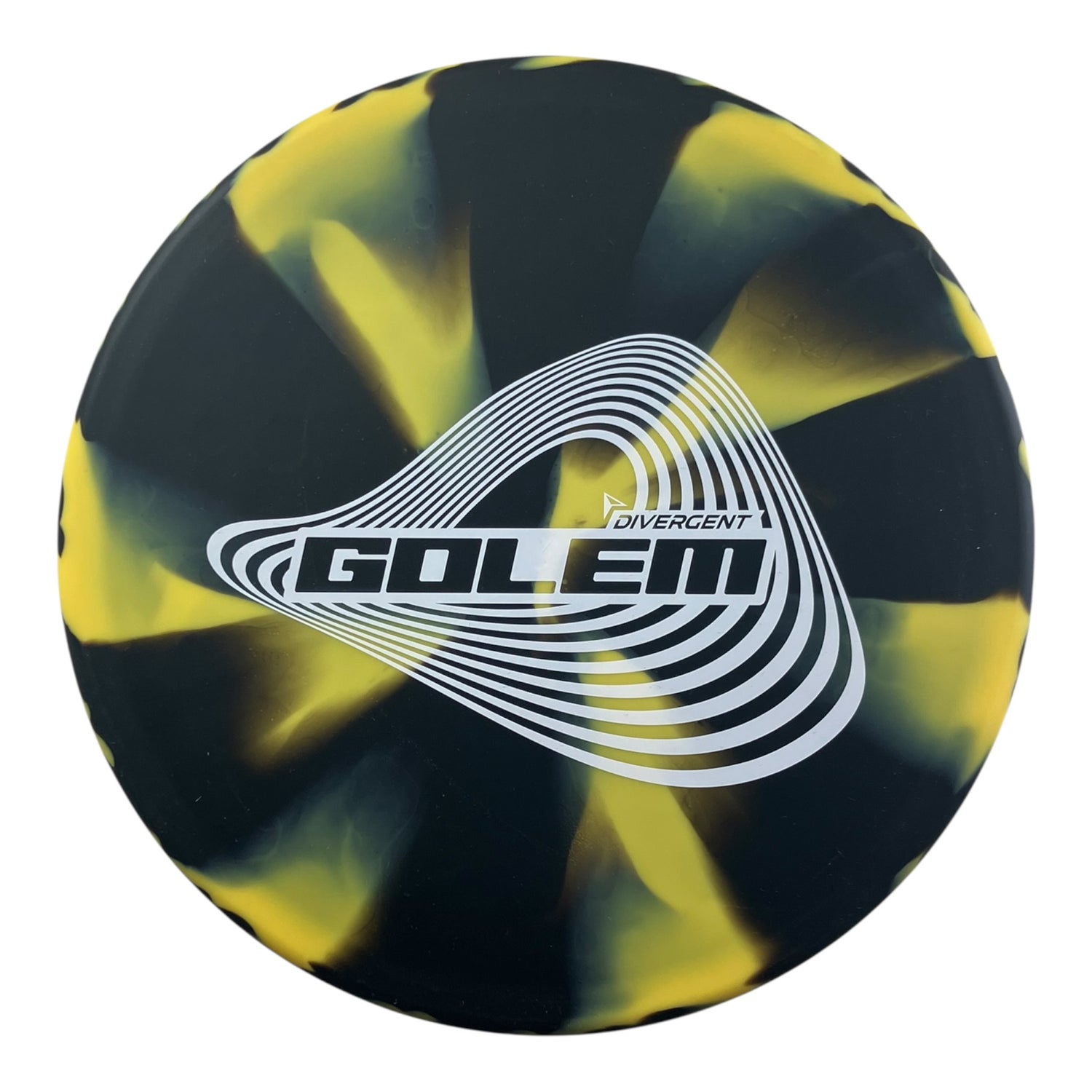 Divergent Golem disc golf disc with black and yellow swirl design