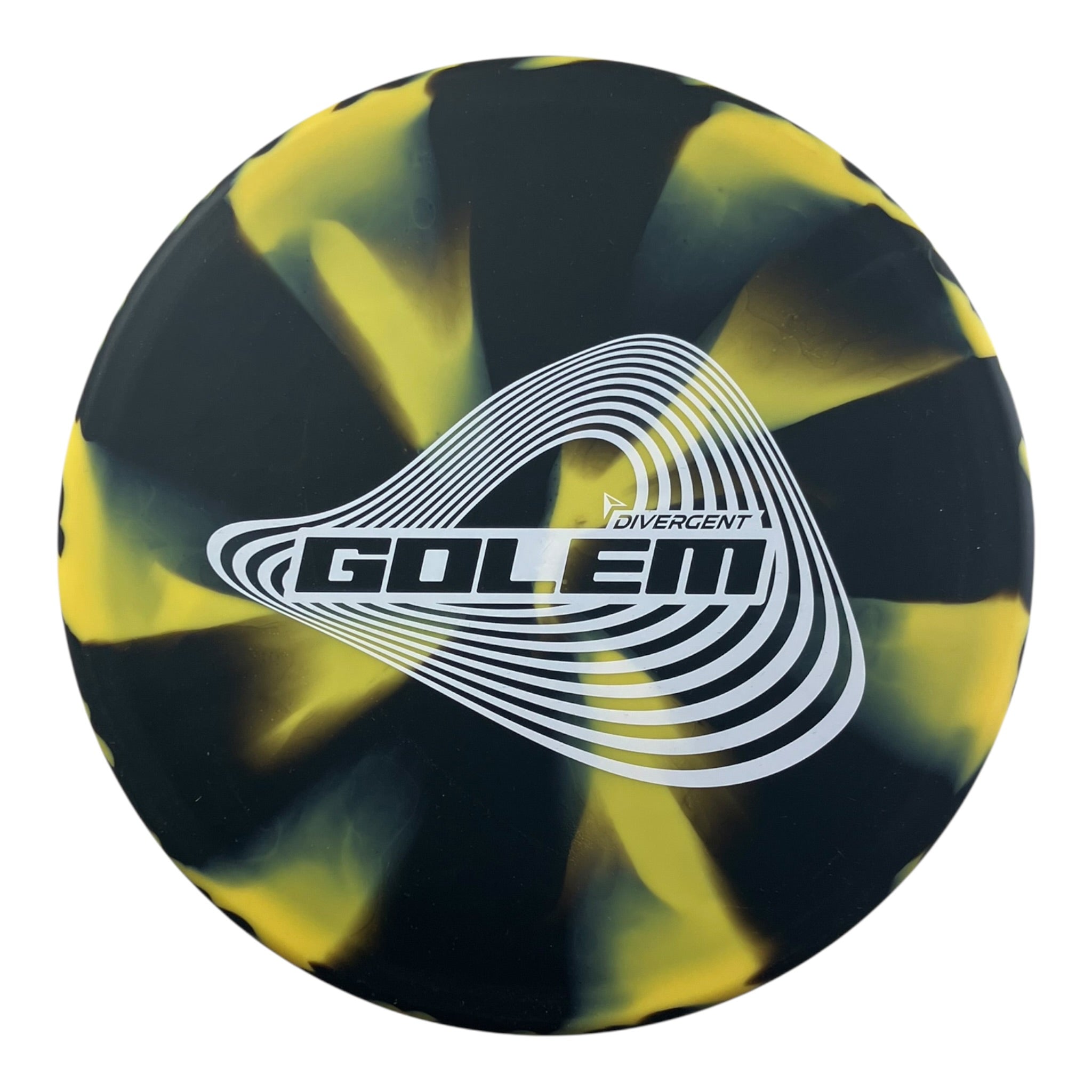 Divergent Golem disc golf disc with black and yellow swirl design