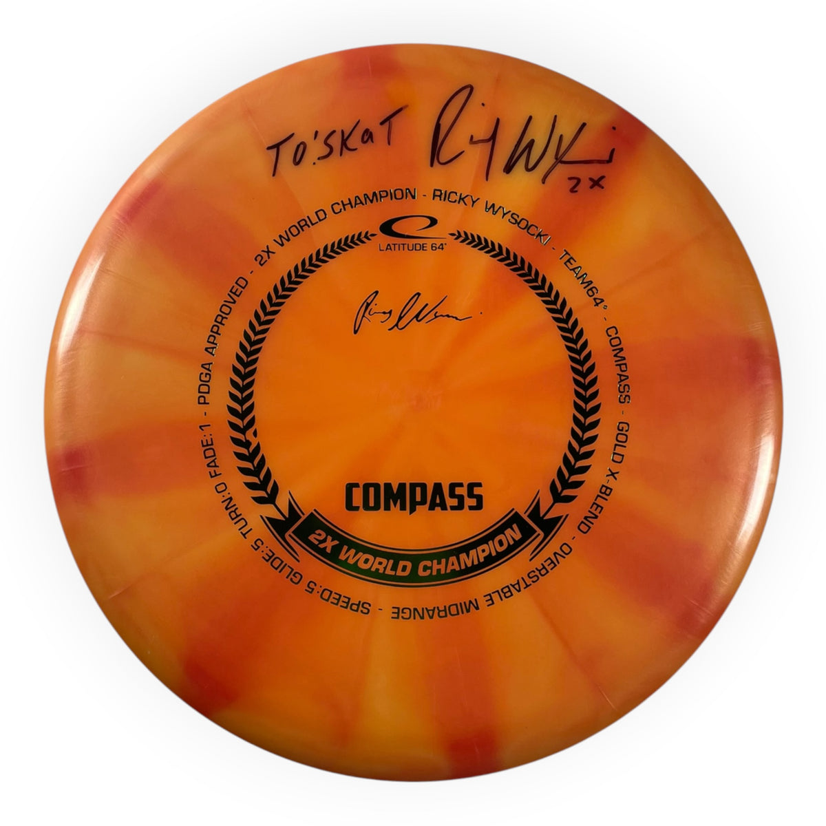 Latitude 64 Compass | Gold-X | Orange/Green 177g (Signed by Ricky Wysocki) Disc Golf