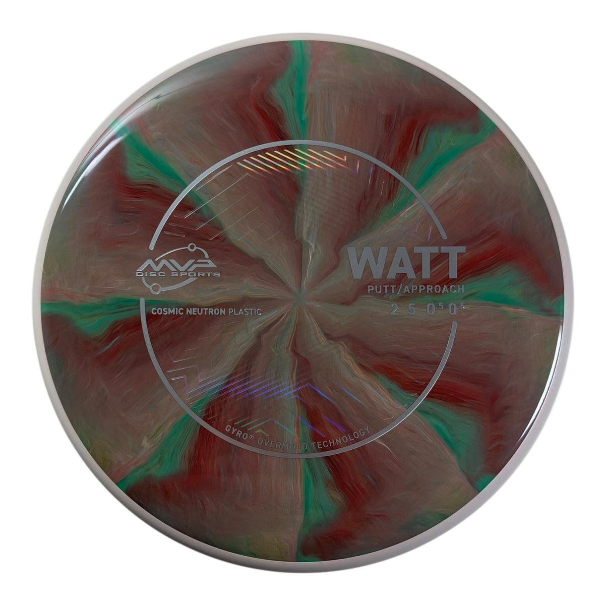 MVP Disc Sports Watt putter in Cosmic Neutron plastic, pink and green swirl design