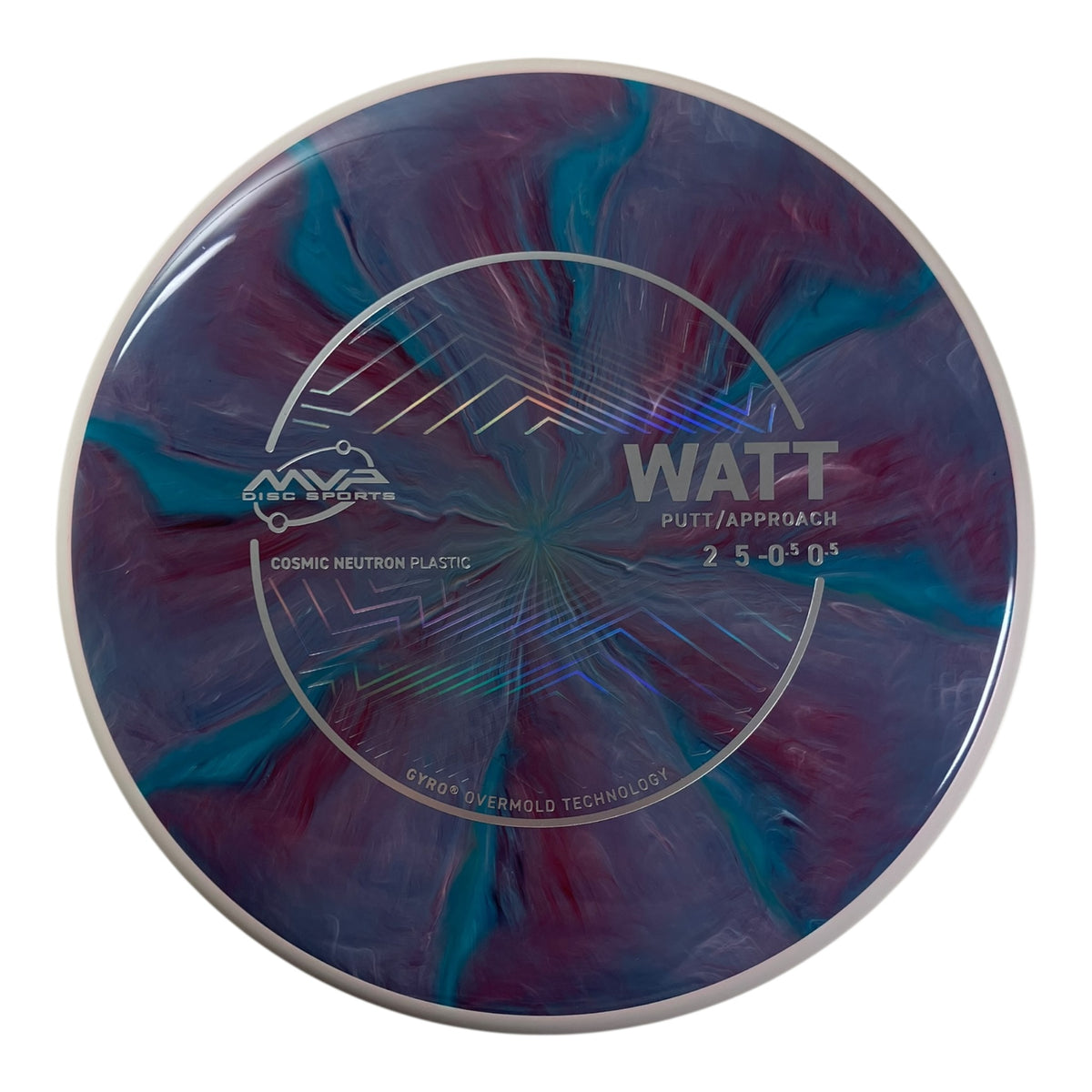 MVP Disc Sports Watt putt and approach disc in Cosmic Neutron purple and white swirl plastic.